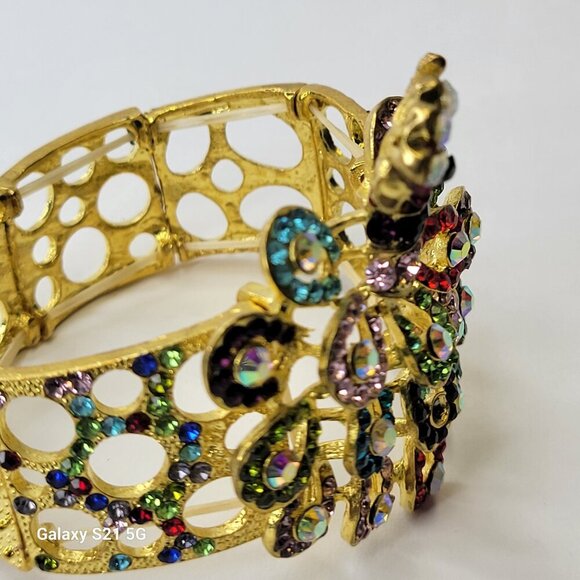 Multicolored Crystal Peacock Bracelet Stretchable Peacock Cuff Bracelet - Picture 3 of 11
